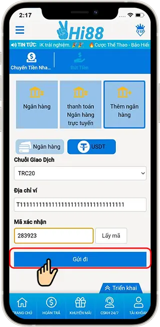 Bước 4: Nhập mã xác minh được gửi đến SĐT đăng ký → Chọn gửi đi hoàn tất quá trình liên kết ví USDT